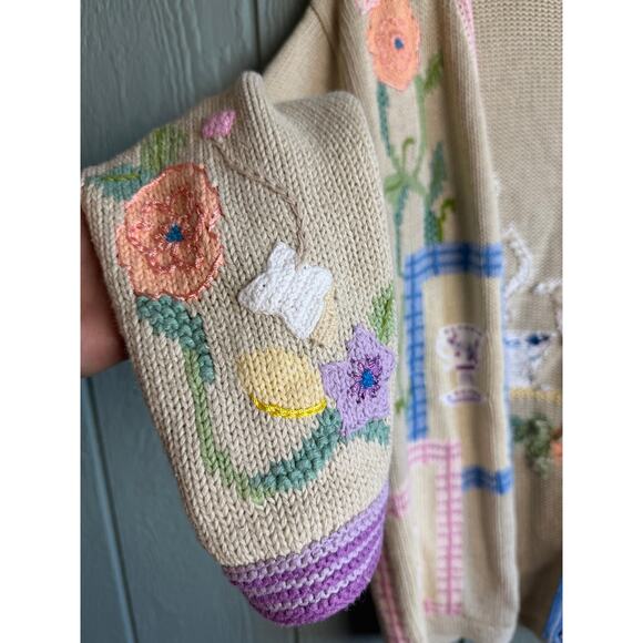 Vintage Storybook Knits Handknit Tea Party Cardigan Sweater M Embroidery - Picture 3 of 10